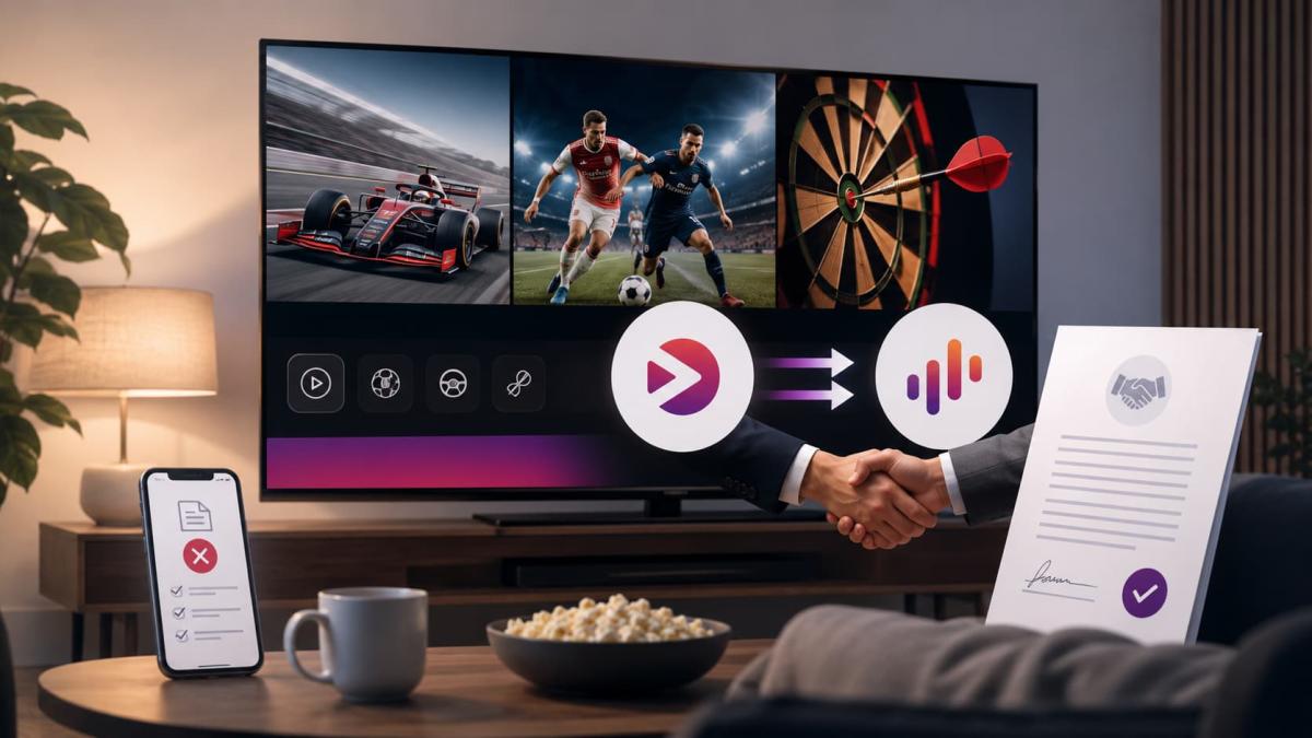 Illustratie van sportstreaming, een contract en opzegmogelijkheid bij de overname van Viaplay door DPG Media.