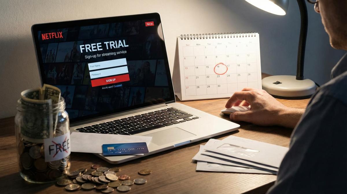 Laptop met gratis proefperiode, kalender en creditcard op een bureau.