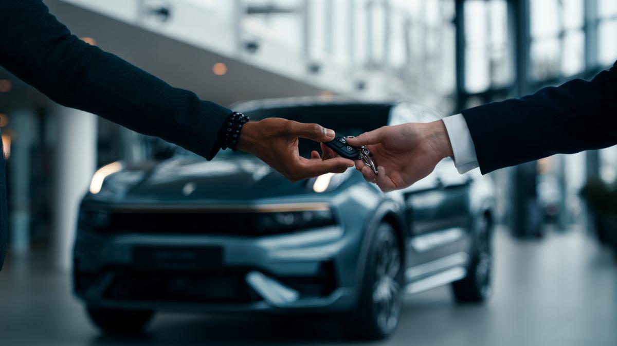 Bestuurder levert een Lynk & Co 01 in bij de dealer en geeft de autosleutels af.