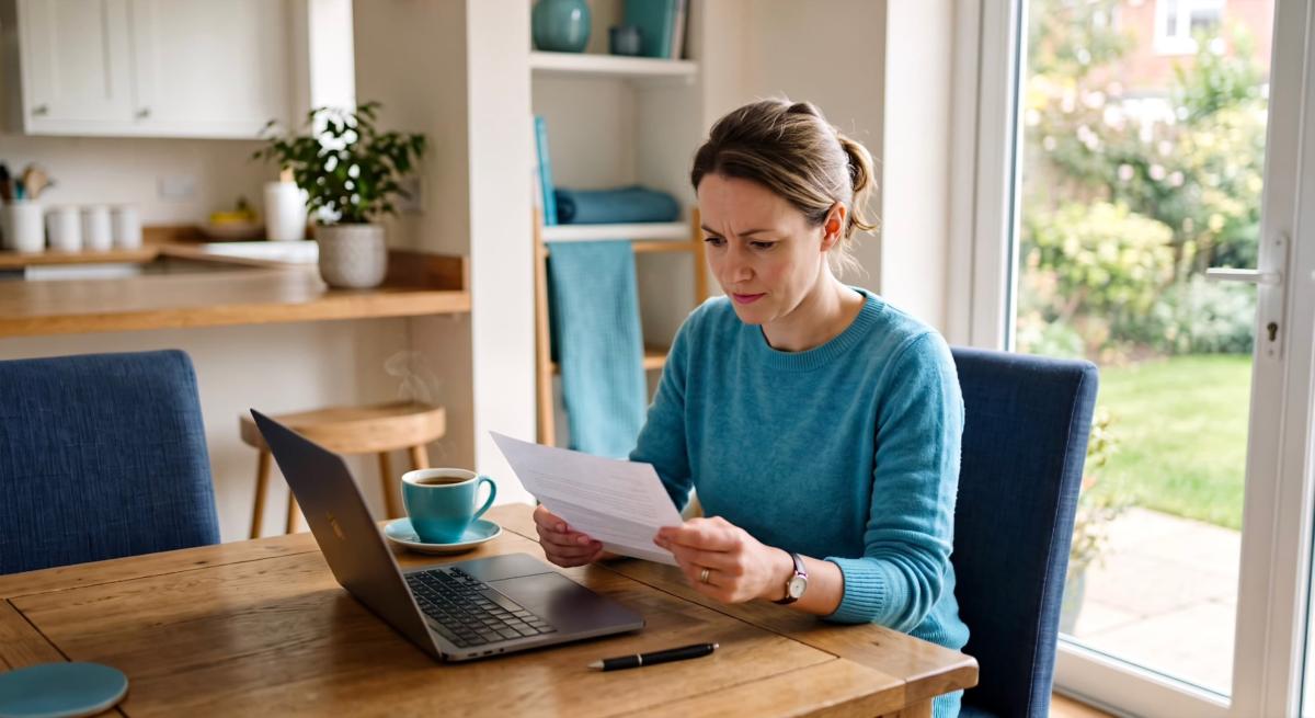 Een vrouw zit aan tafel met een laptop en kijkt op een papier.