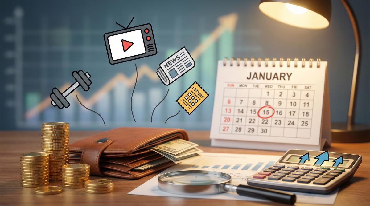 Bureau in januari met een portemonnee, rekenmachine en iconen van stijgende abonnementskosten.