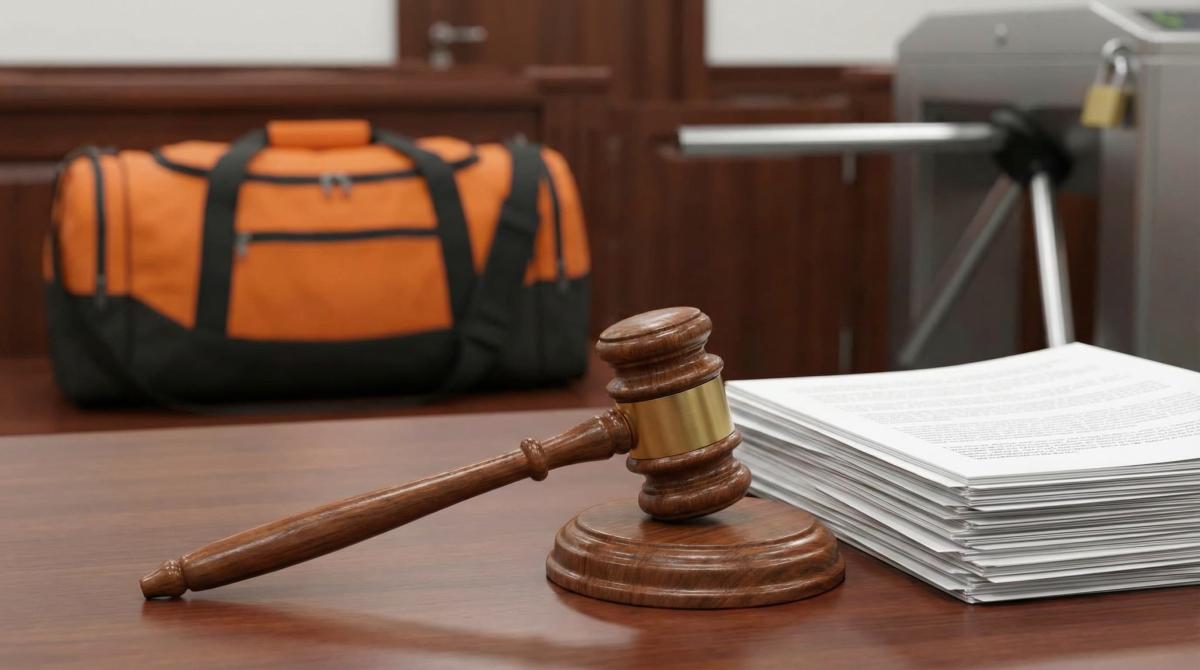 Rechtershamer bij contracten, op de achtergrond een sporttas en toegangspoortje.