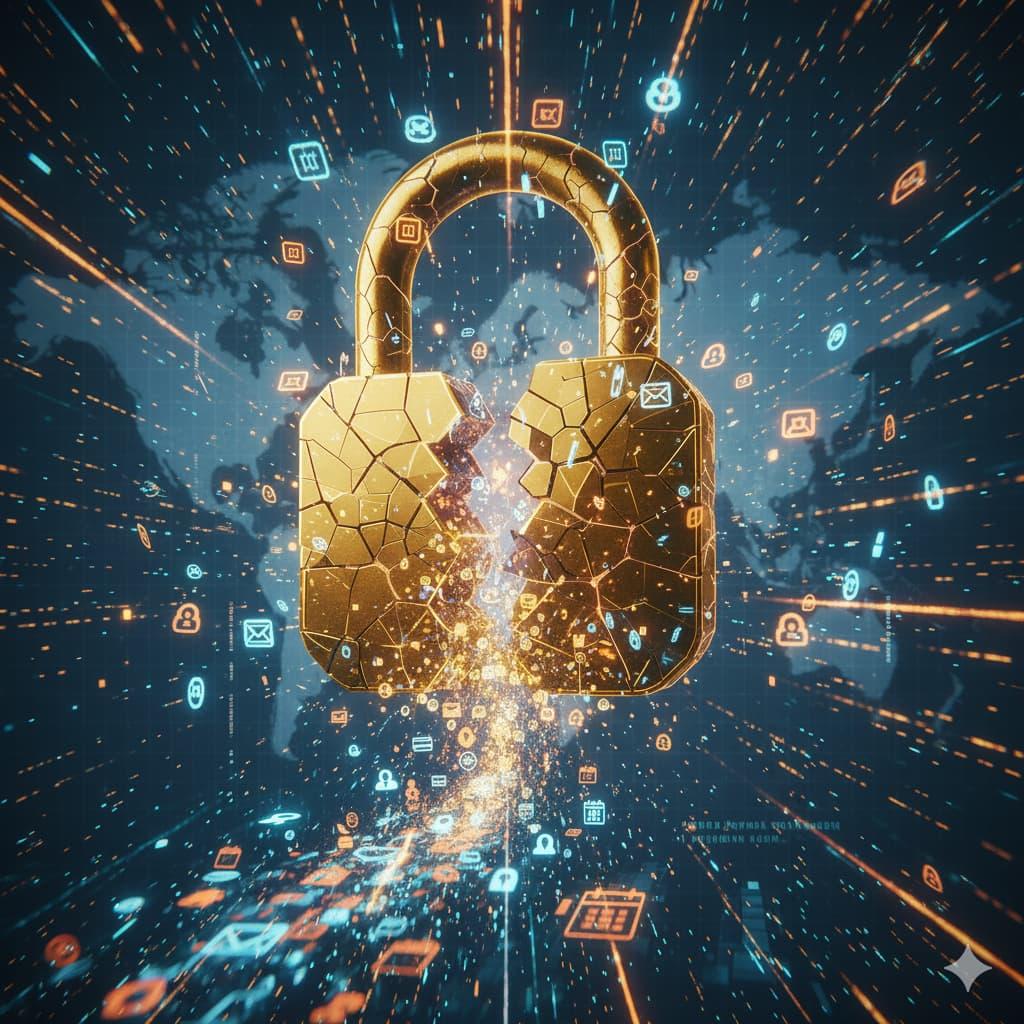 technische-fout-postcode-loterij-datalek-1761657692.jpg Digitale illustratie datalek. Gebroken hangslot, gegevens ontsnappen. Technische fout.