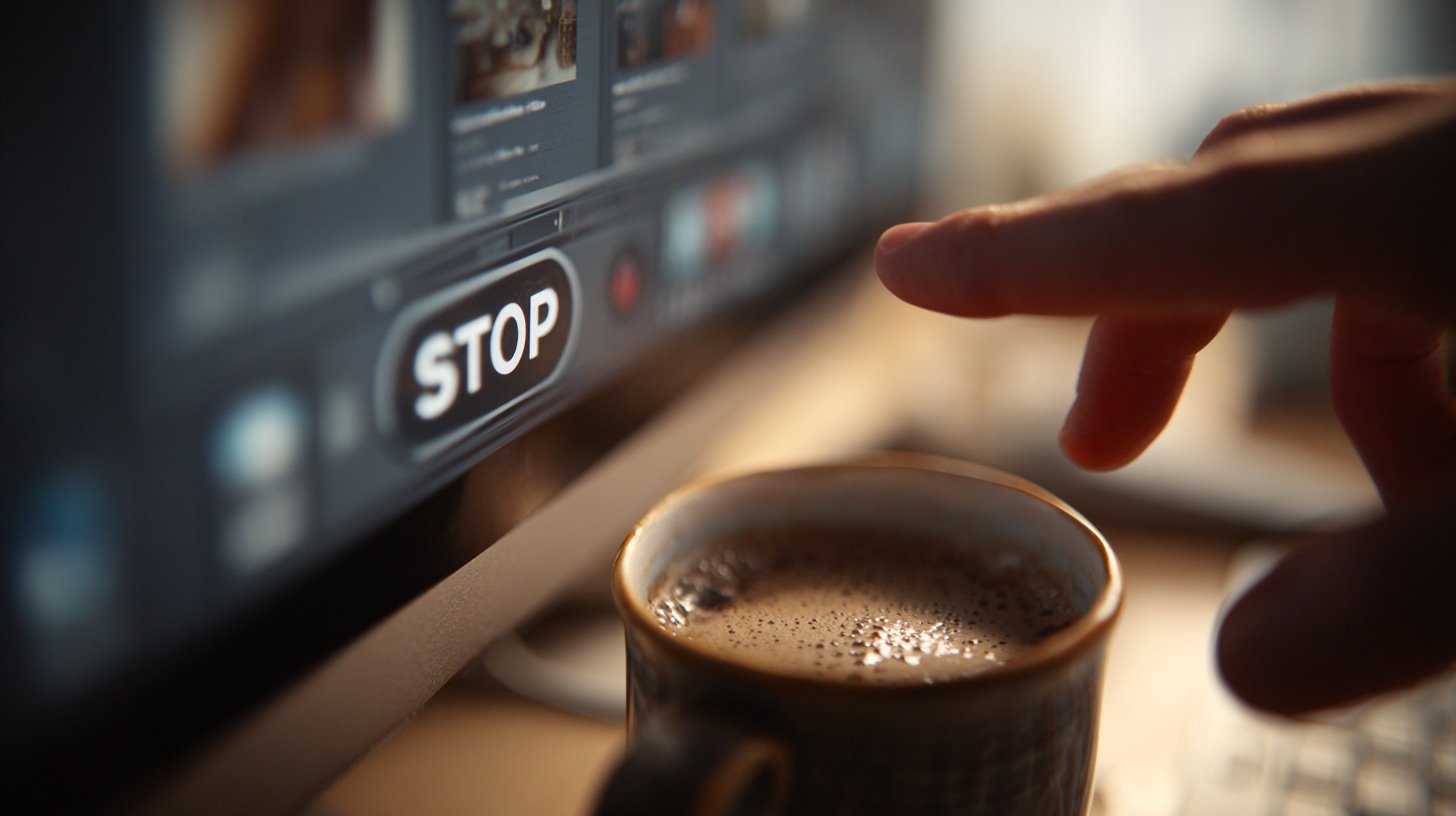 Hand klikt op knop ‘stop’ op computerscherm