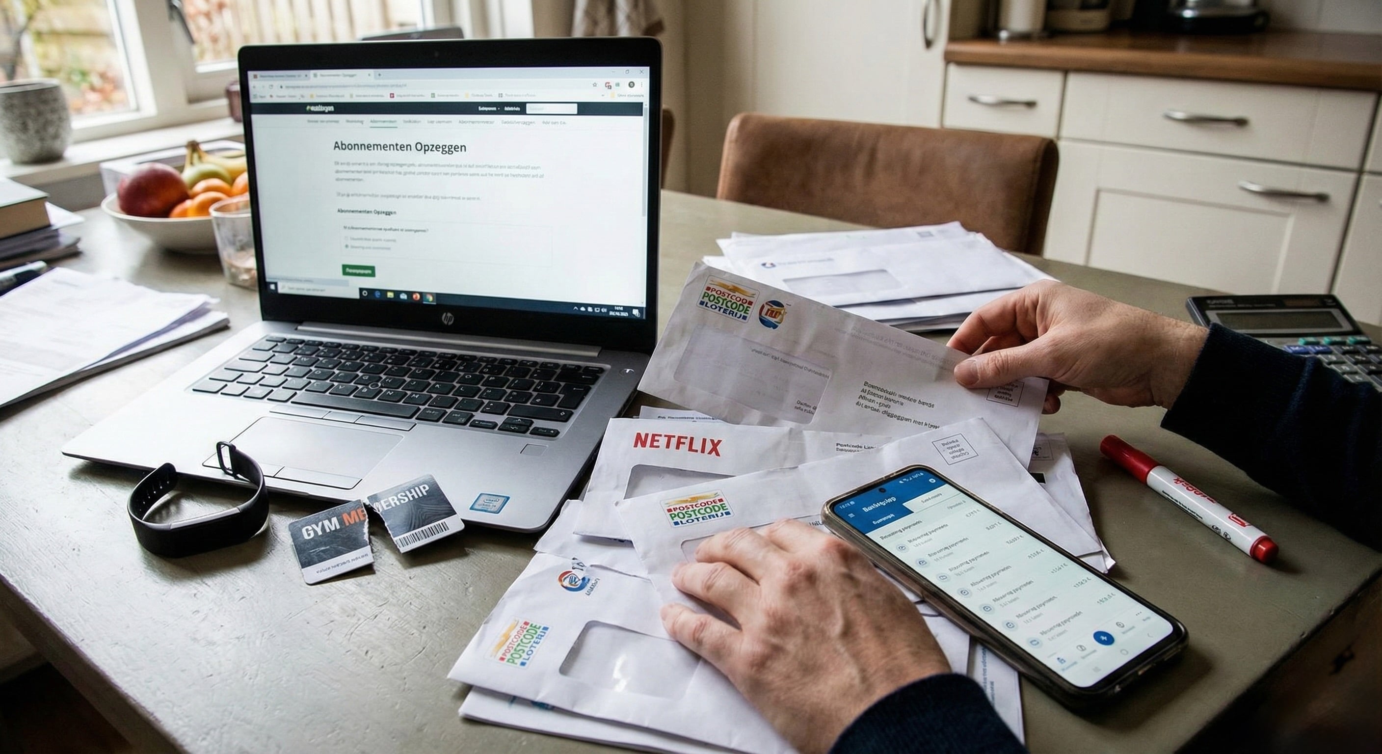 Persoon aan keukentafel zegt abonnementen op via laptop, omringd door post van Netflix en een doorgeknipte sportschoolpas.