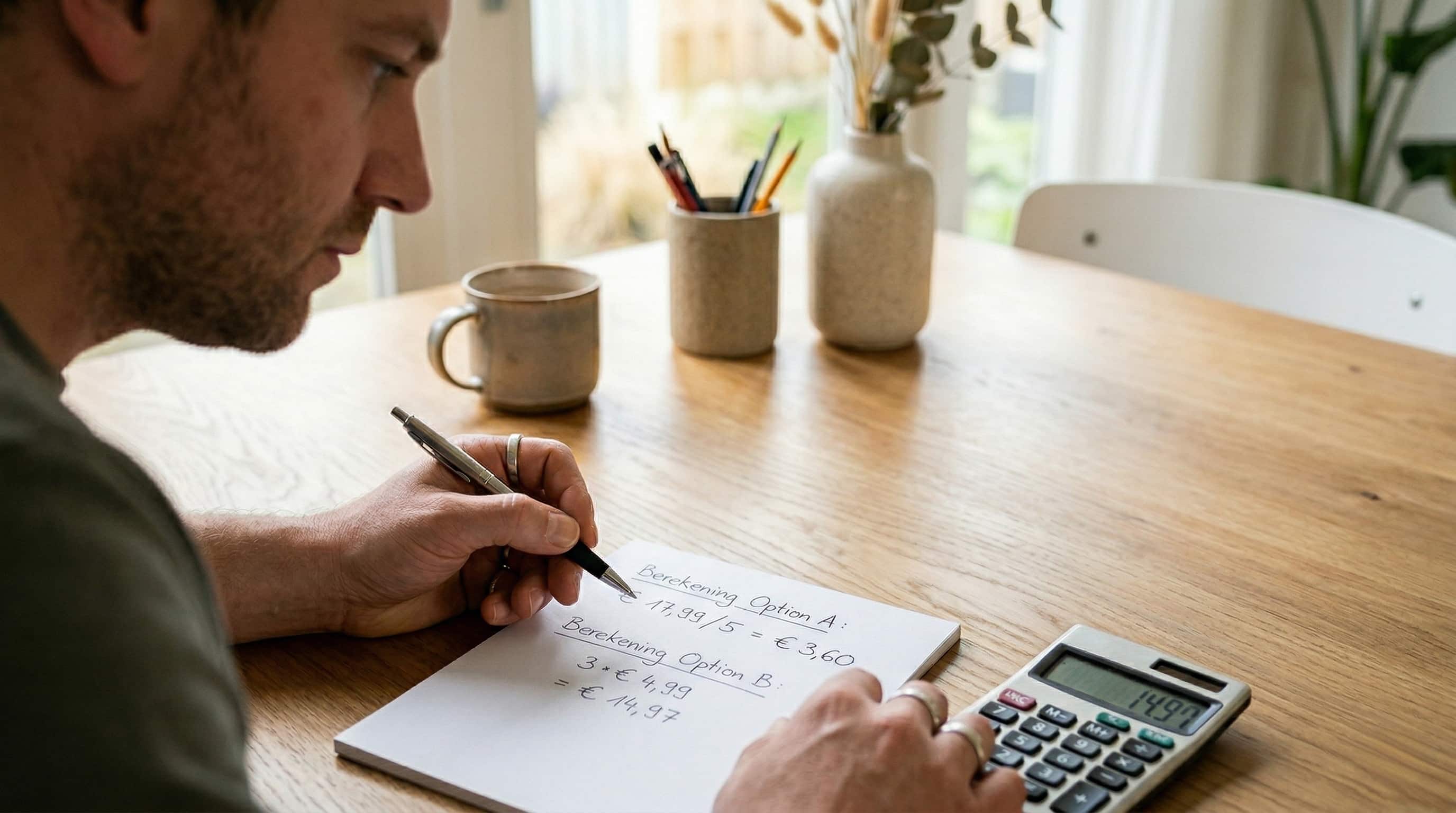 Persoon berekent prijs per gebruik van abonnement met notities en calculator