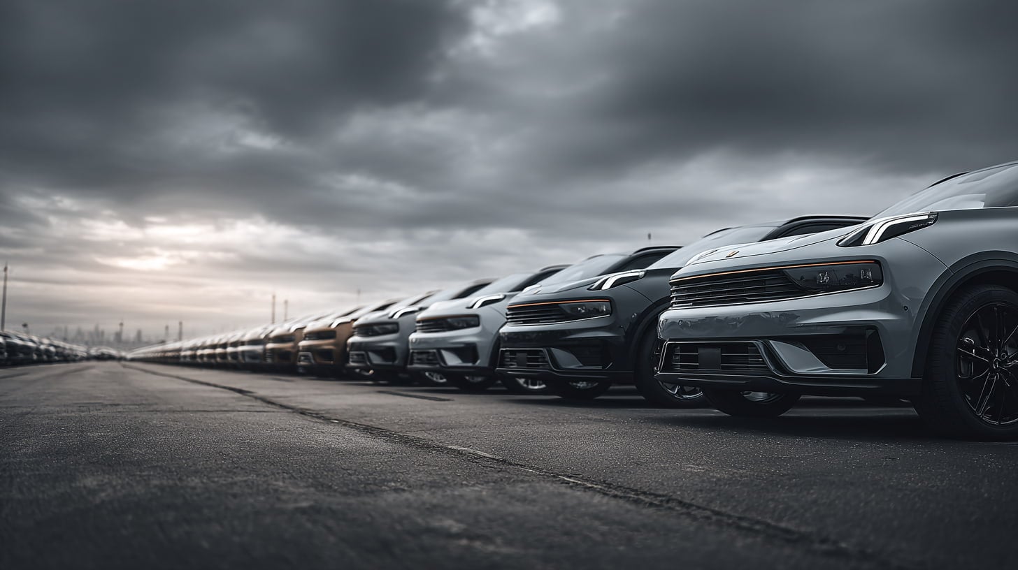 Grote rij Lynk & Co 01 modellen op een tweedehands autoterrein.