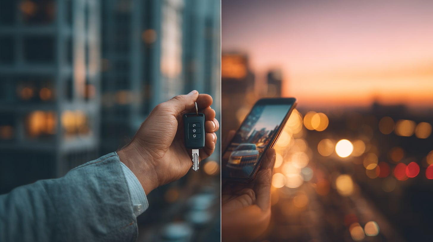 Splitbeeld van autosleutels en een smartphone met een auto-app voor abonnement.