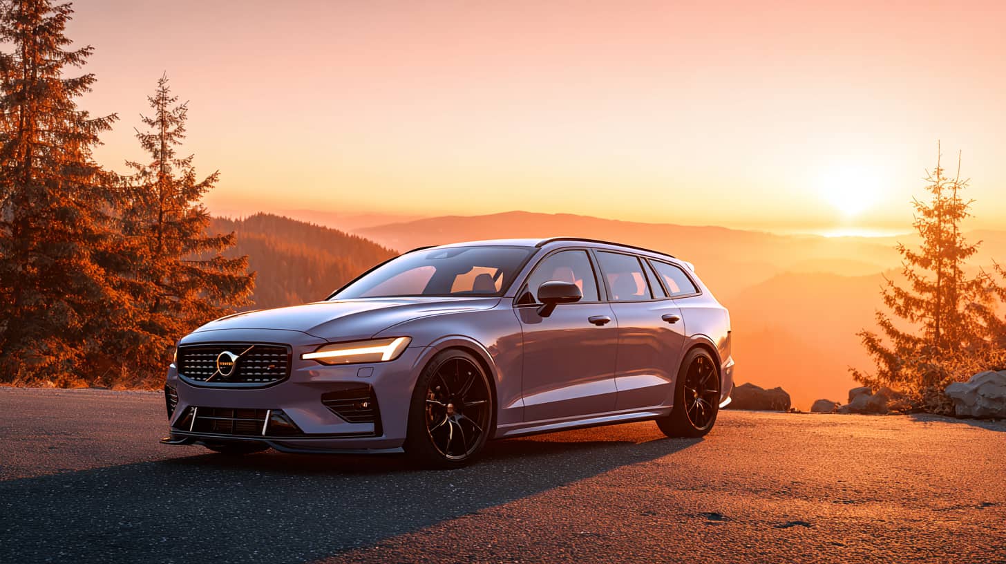 Volvo V60 uit 2023 met V8 motorstijl op bergweg bij zonsondergang