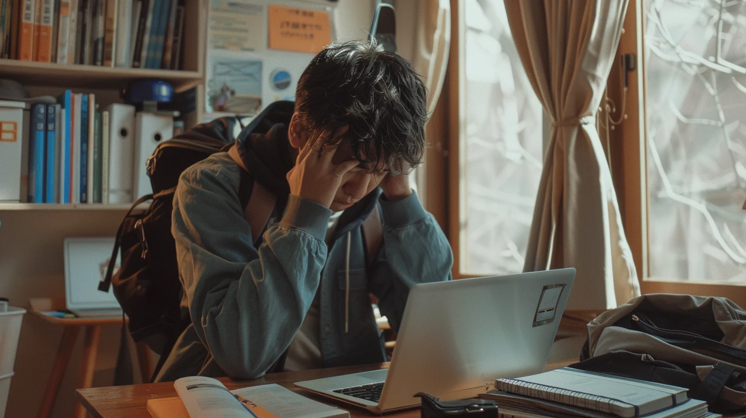 Een jongen zit overweldigd achter zijn bureau Een jongen zit overweldigd achter zijn bureau